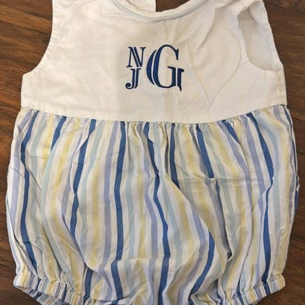 Monogrammed White & Blue Striped Baby One-Piece Bodysuit